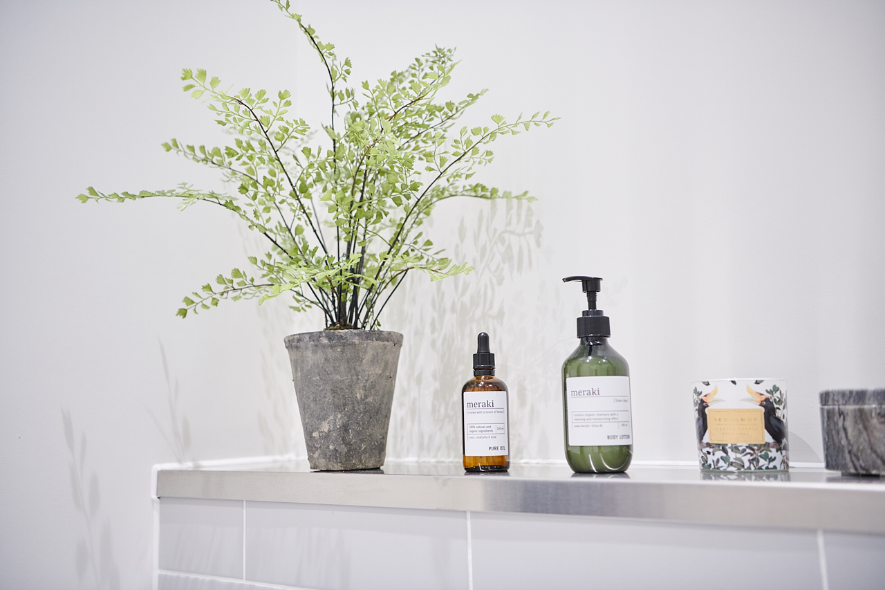 Toiletries lined up and a plant